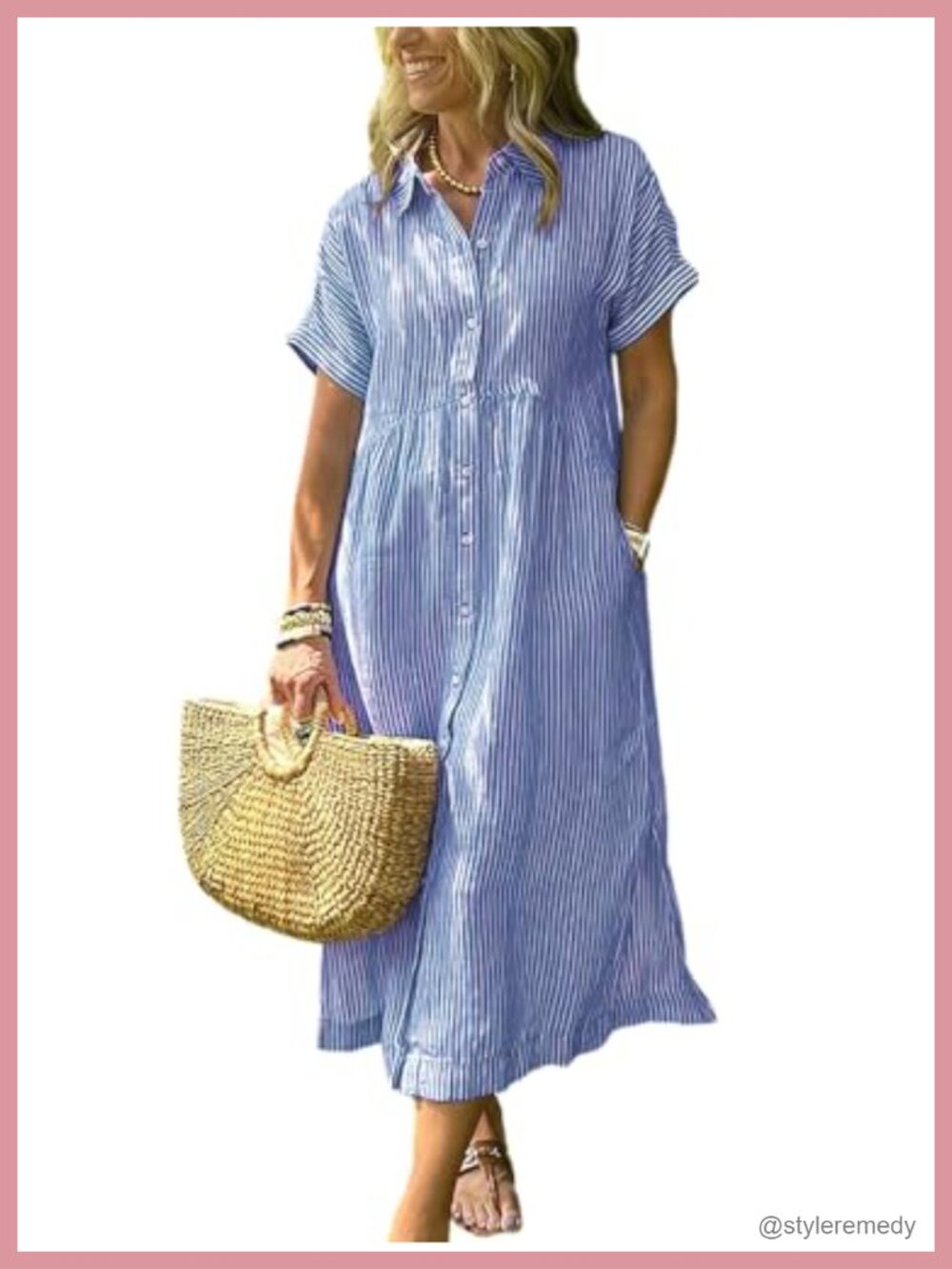 Boho Striped Button Up Shirt Dress Side Slit Mid Long Cotton Pockets